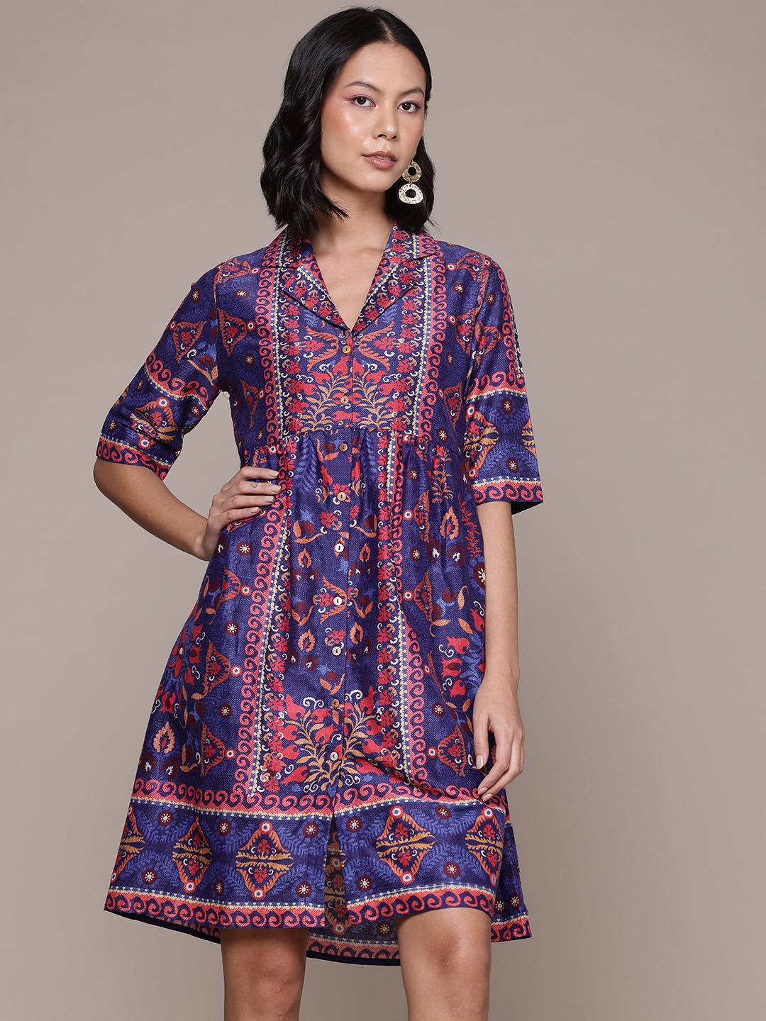 

aarke Ritu Kumar Ethnic Motifs Printed Notched Lapel Collar Shirt Dress, Blue