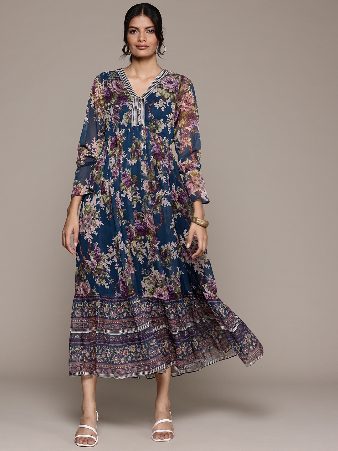 

aarke Ritu Kumar Floral Print Bell Sleeve Chiffon Fit & Flare Maxi Dress, Blue