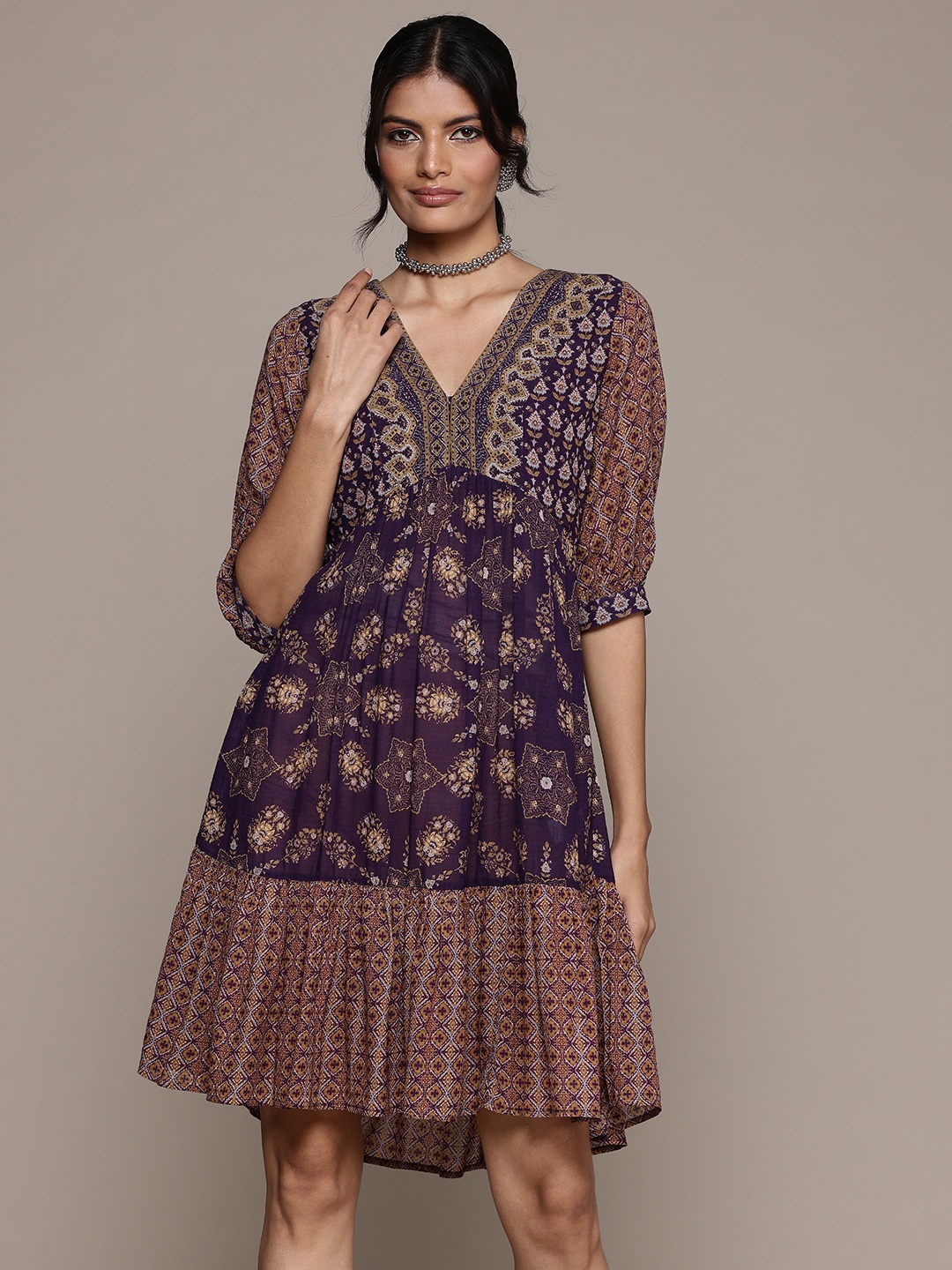 

aarke Ritu Kumar Ethnic Motifs Print Puff Sleeves Empire Dress, Purple