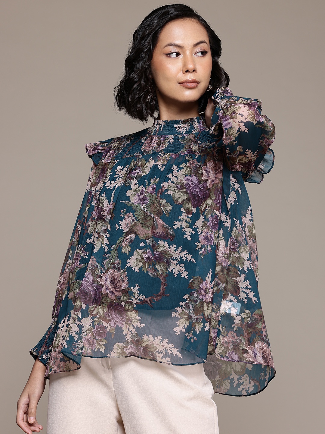 

aarke Ritu Kumar Floral Print Puff Sleeves Ruffles Chiffon Top, Navy blue