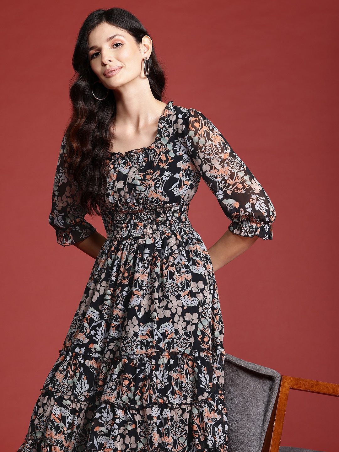 

Alsace Lorraine Paris Floral Print Puff Sleeve Georgette Fit & Flare Midi Dress, Black