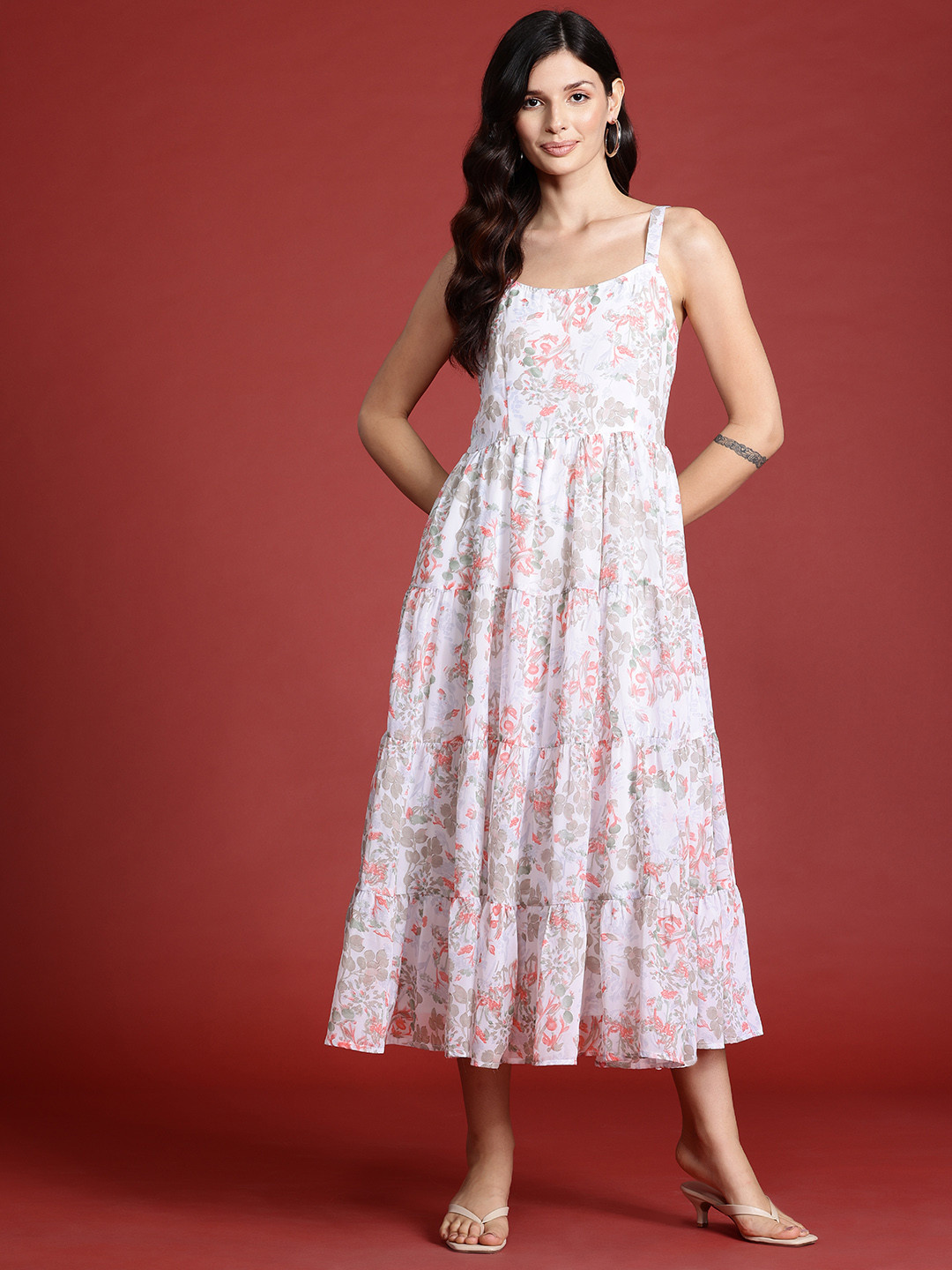 

Alsace Lorraine Paris Floral Printed Georgette Fit & Flare Midi Dress, White