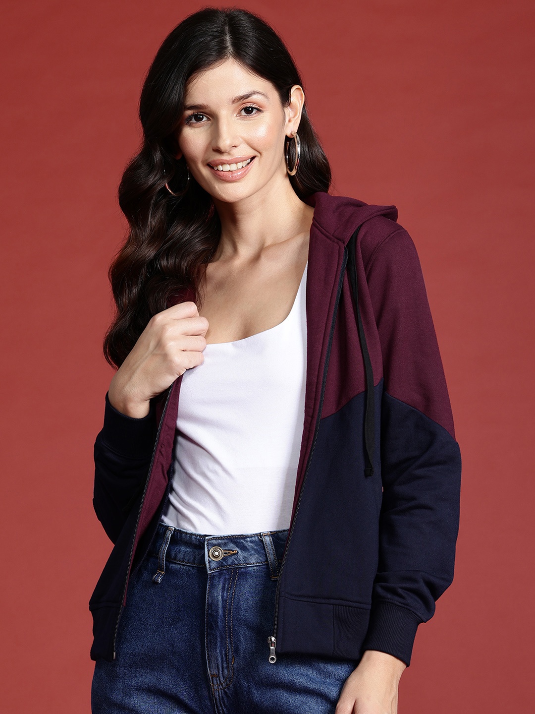 

Alsace Lorraine Paris Women Colourblocked Hooded Sweatshirt, Navy blue