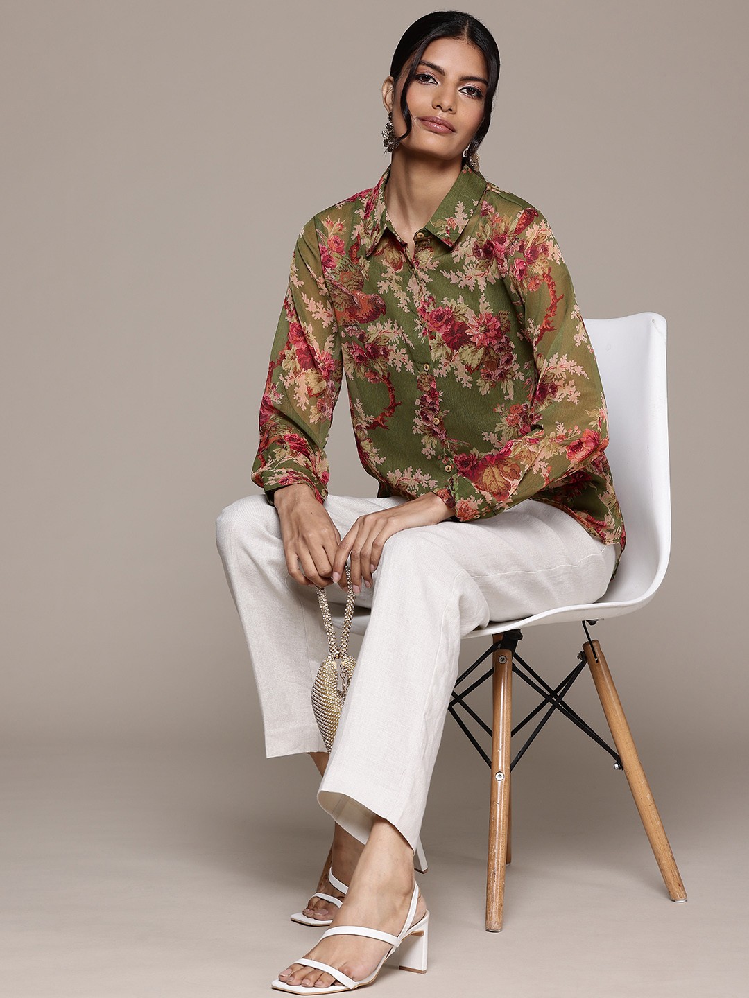 

aarke Ritu Kumar Women Floral Sheer Printed Casual Shirt, Green