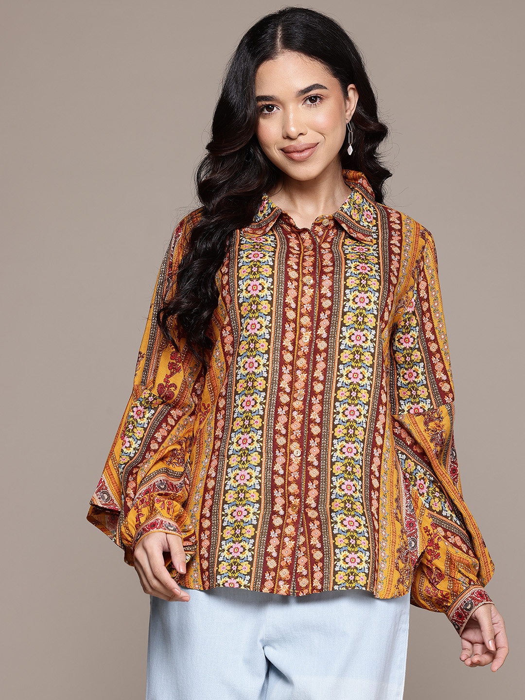 

aarke Ritu Kumar Floral Print Striped Casual Shirt, Mustard