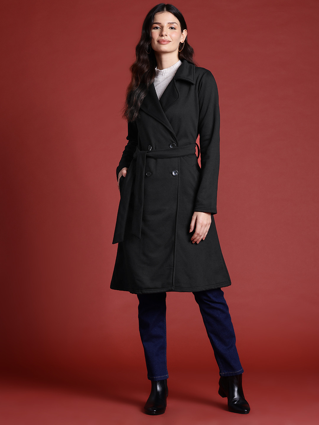 

Alsace Lorraine Paris Fleece Wrap Coat With Belt, Black