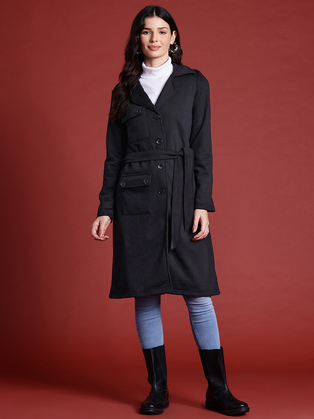

Alsace Lorraine Paris Women Fleece Trench Coat, Black