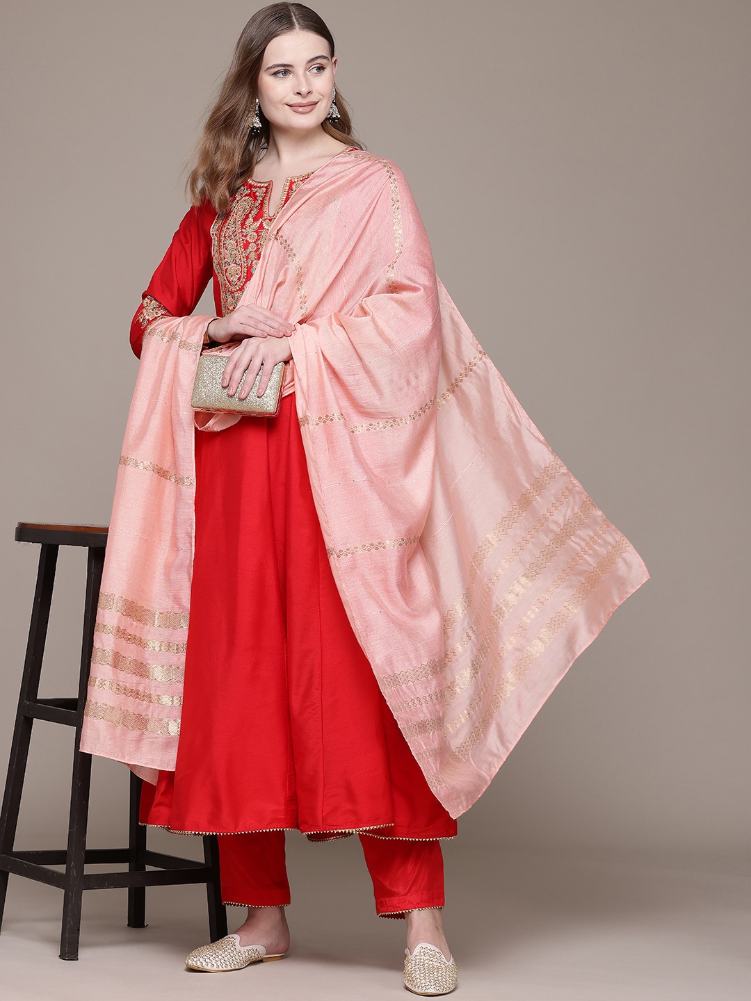 

aarke Ritu Kumar Paisley Embroidered Pleated Thread Work Kurta with Trousers & Dupatta, Red