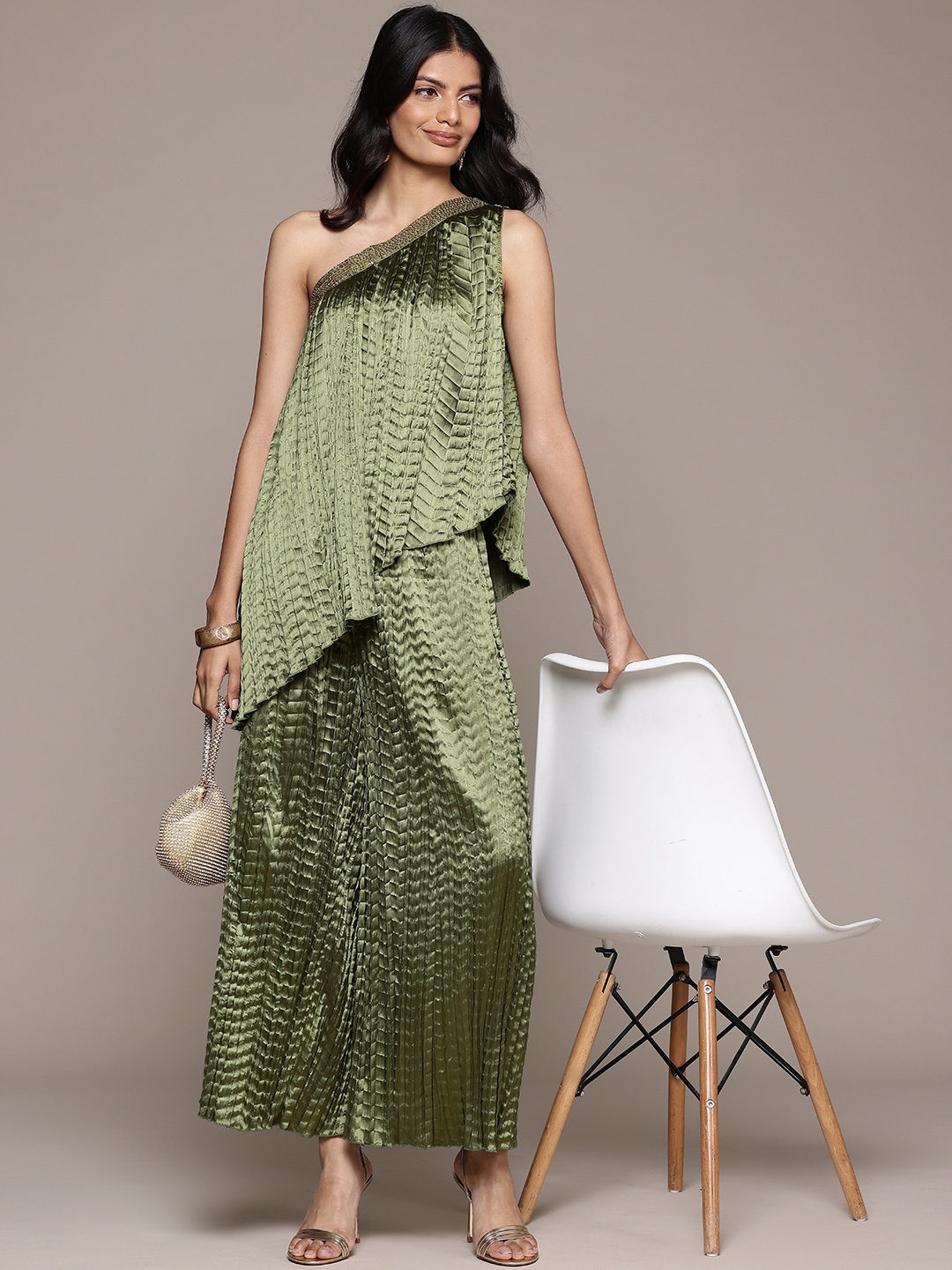 

aarke Ritu Kumar Delphia Solid Top & Palazzo Co-ord Set, Olive