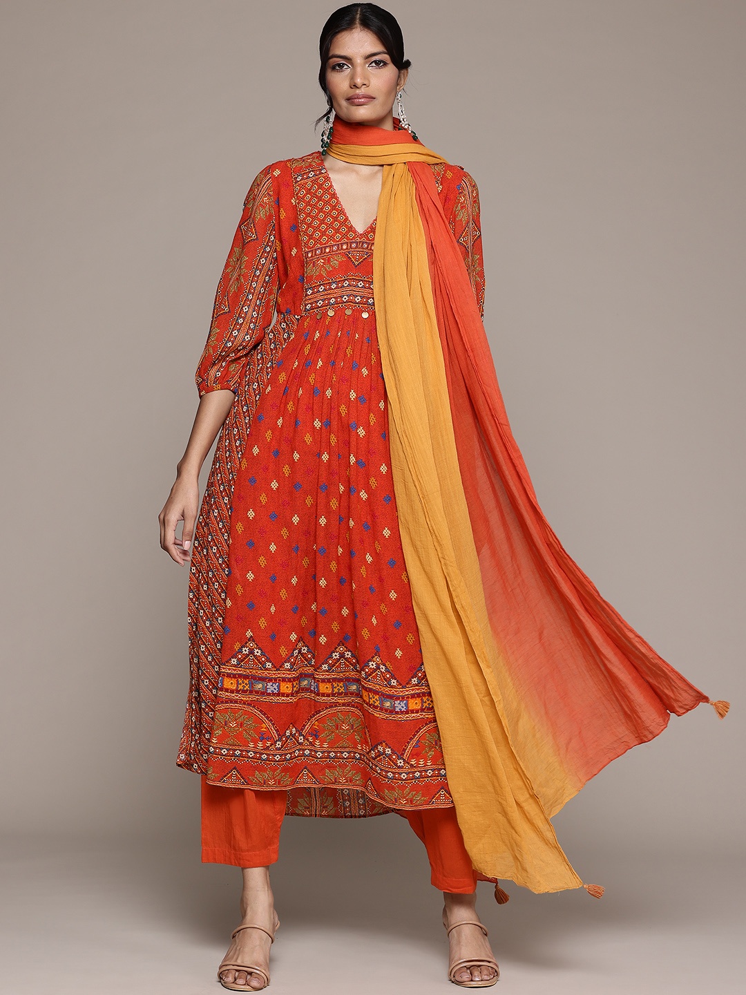 

aarke Ritu Kumar Ethnic Motifs Printed Pleated Kurta With Trousers & Dupatta, Rust