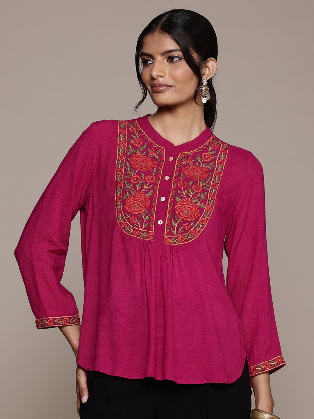 

aarke Ritu Kumar Floral Embroidered Thread Work Kurti, Magenta