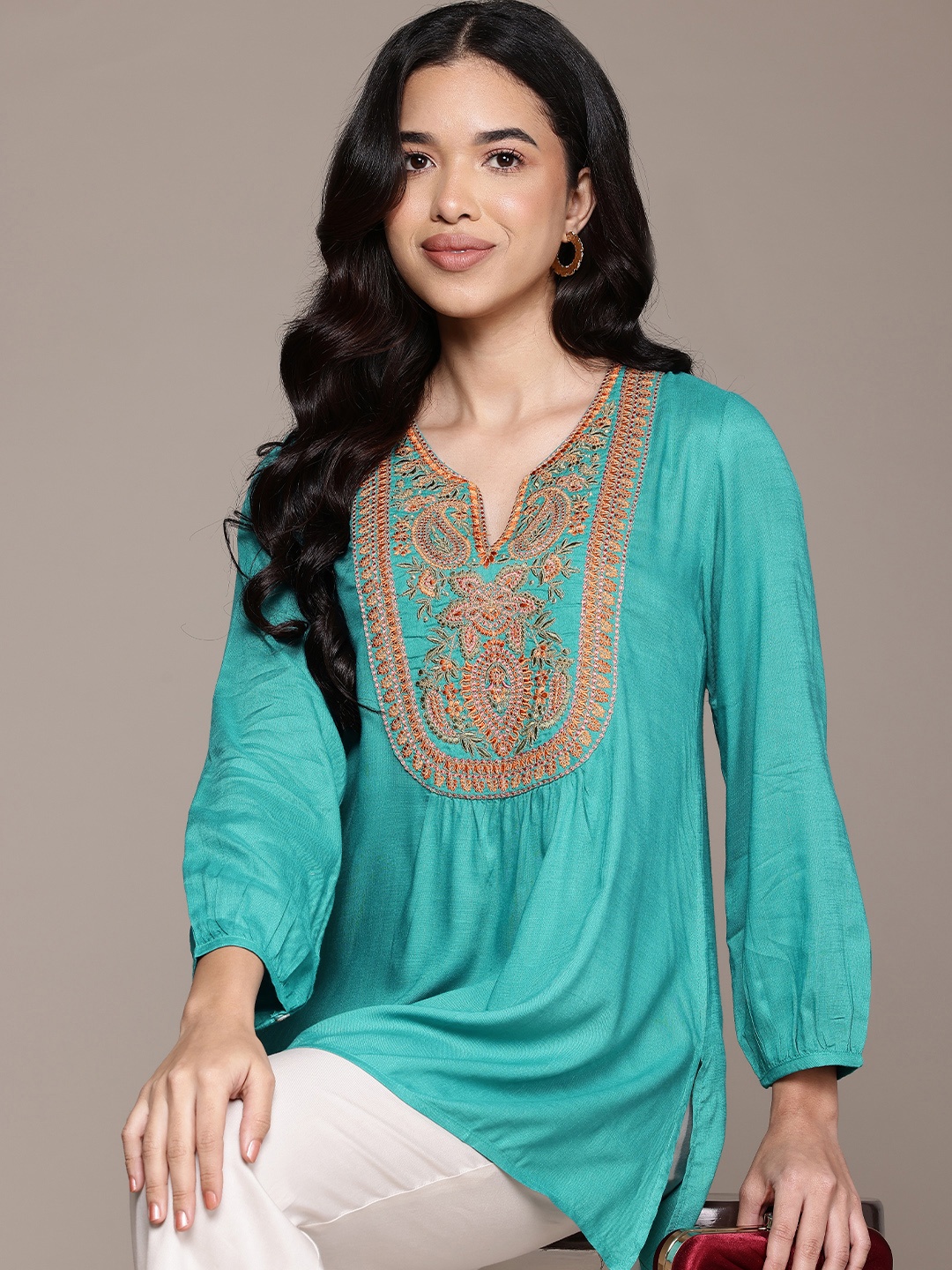 

aarke Ritu Kumar Paisley Yoke Design Thread Work Kurti, Turquoise blue