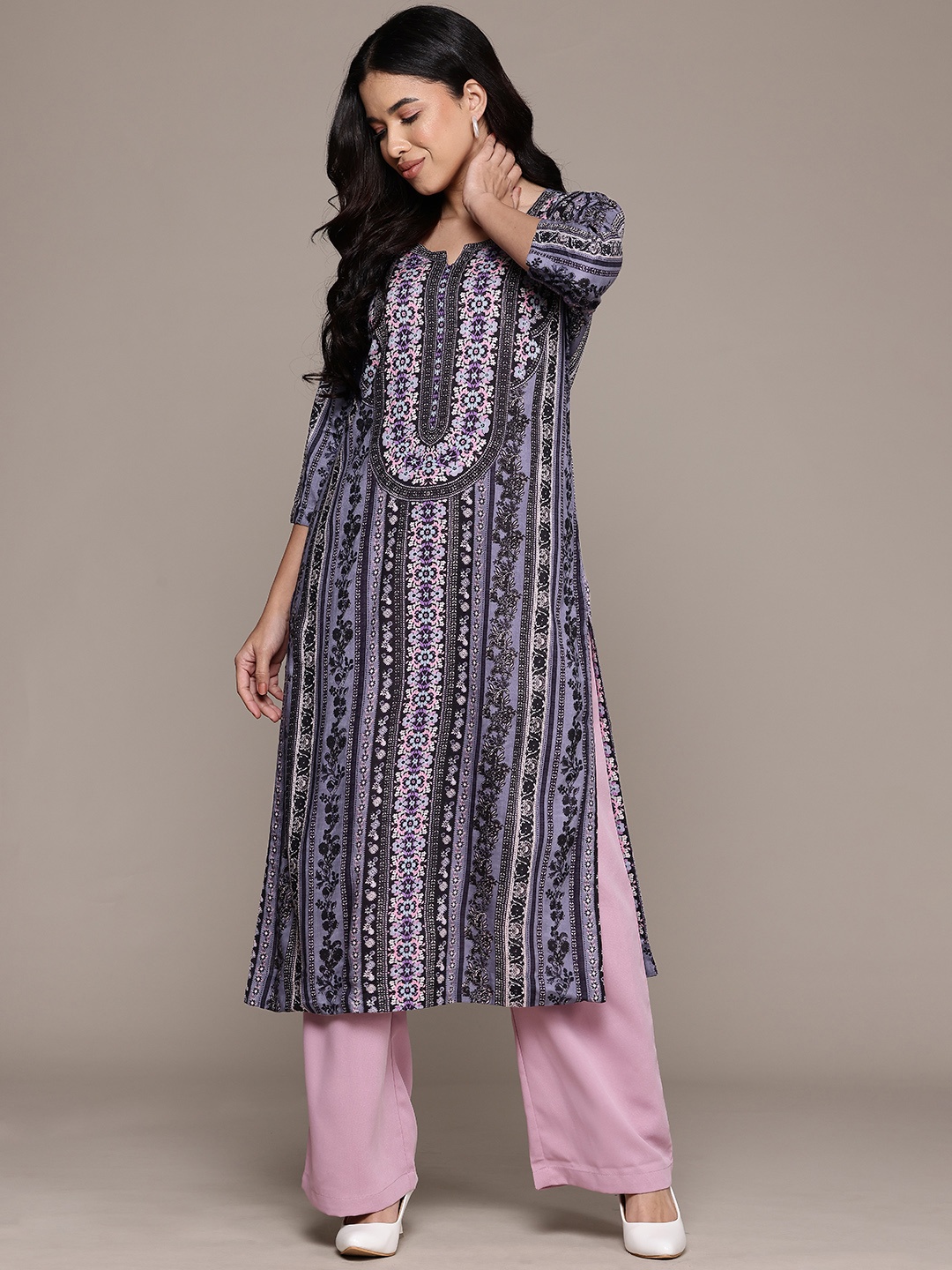 

aarke Ritu Kumar Striped Floral Printed Kurta, Blue