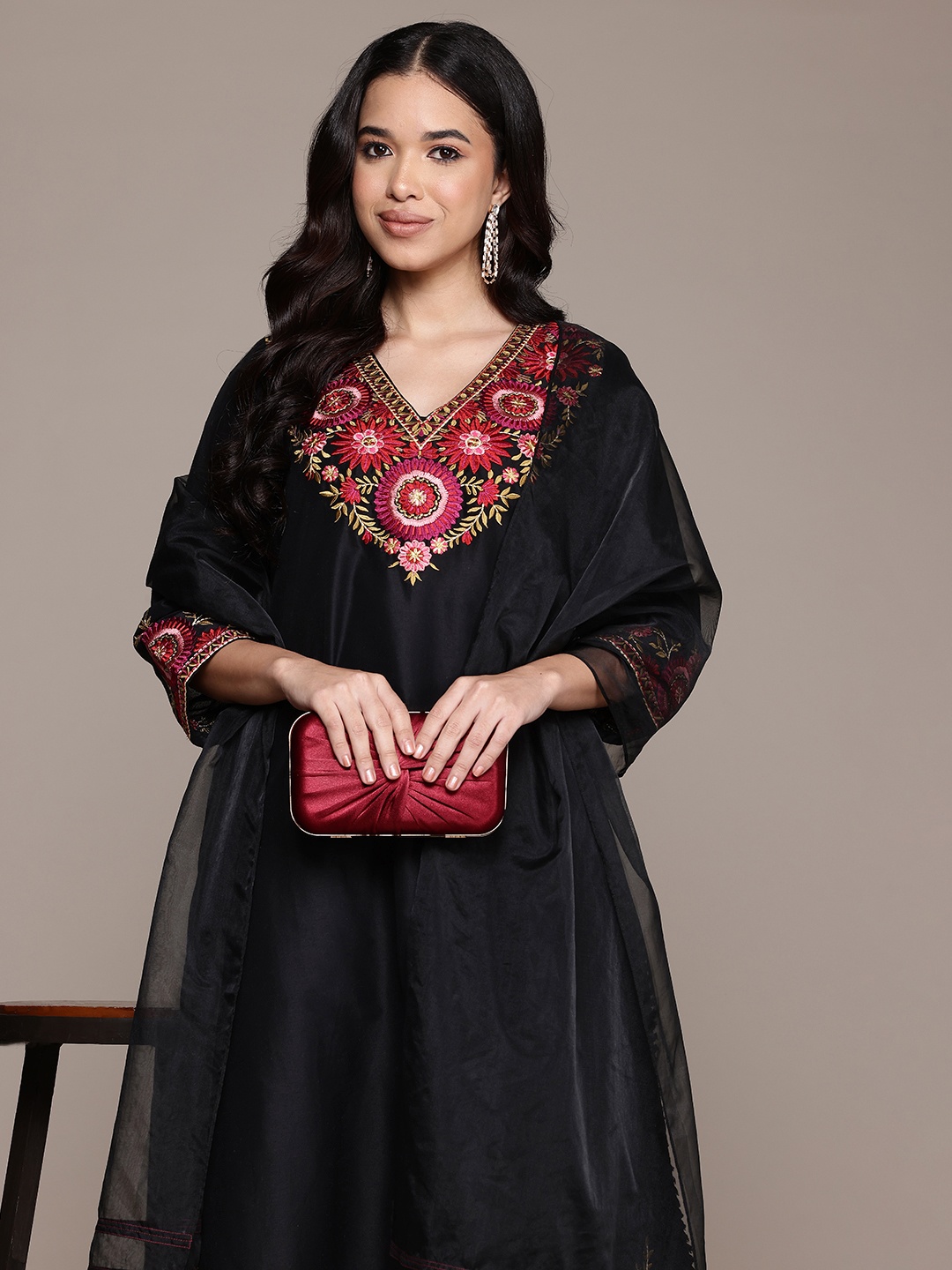 

aarke Ritu Kumar Floral Embroidered Thread Work Kurta With Trousers & Dupatta, Black