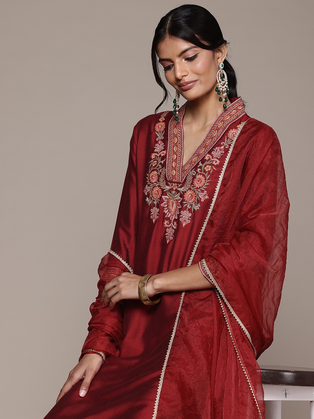 

aarke Ritu Kumar Floral Embroidered Thread Work Kurta With Trousers & Dupatta, Red