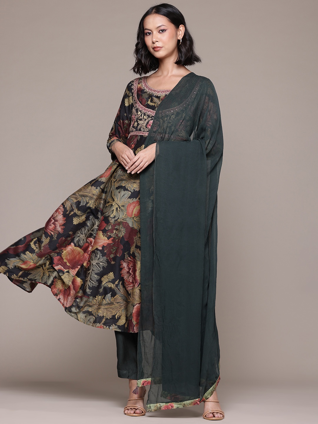 

aarke Ritu Kumar Floral Printed Pleated Mirror Work Kurta With Trousers & Dupatta, Green