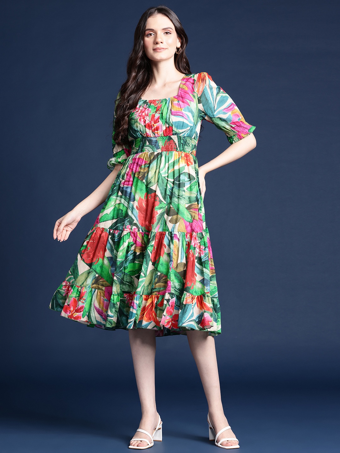 

Alsace Lorraine Paris Floral Printed Fit & Flare Midi Dress, Green