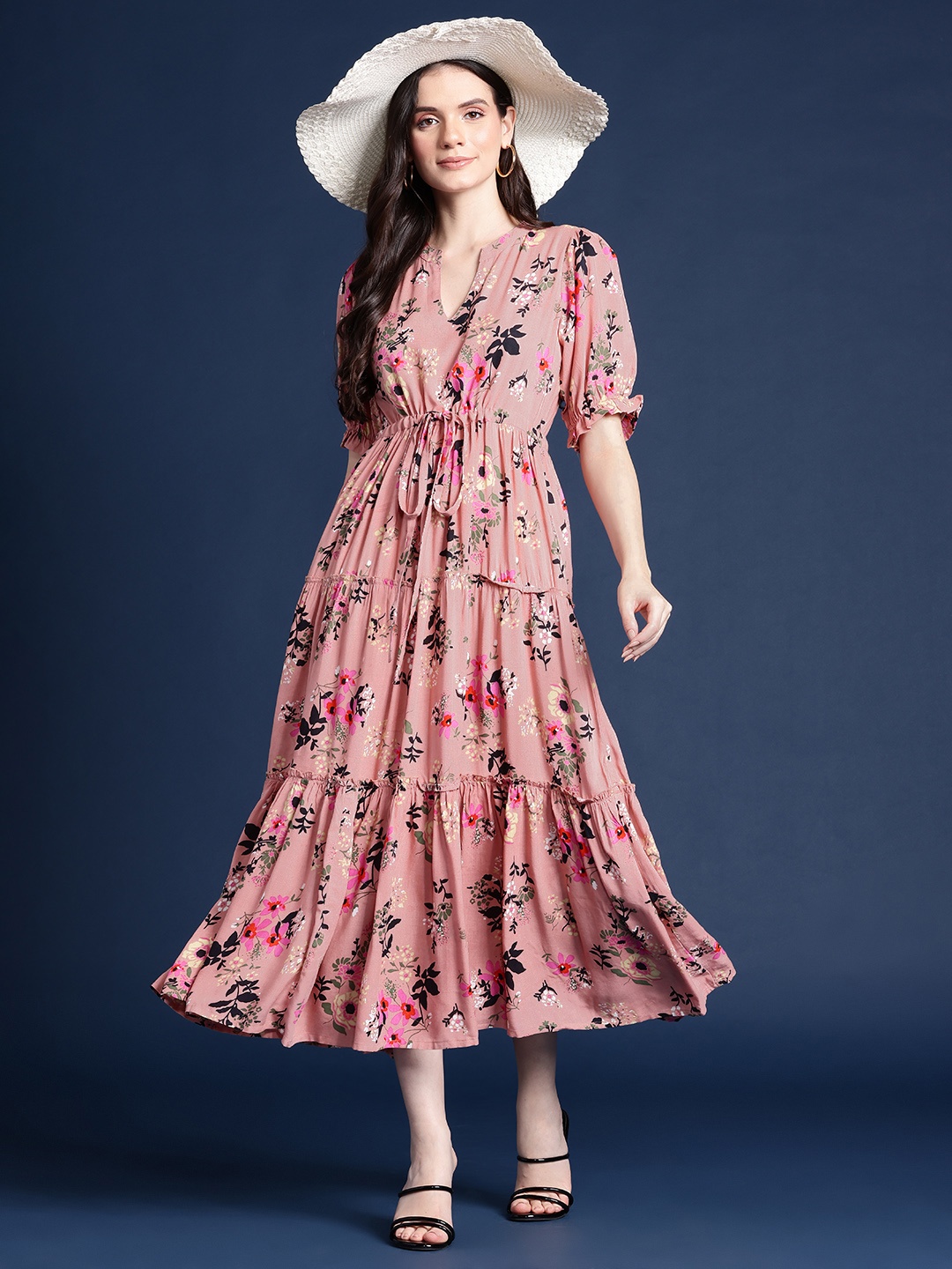 

Alsace Lorraine Paris Floral Print Puff Sleeve Fit & Flare Midi Dress, Pink