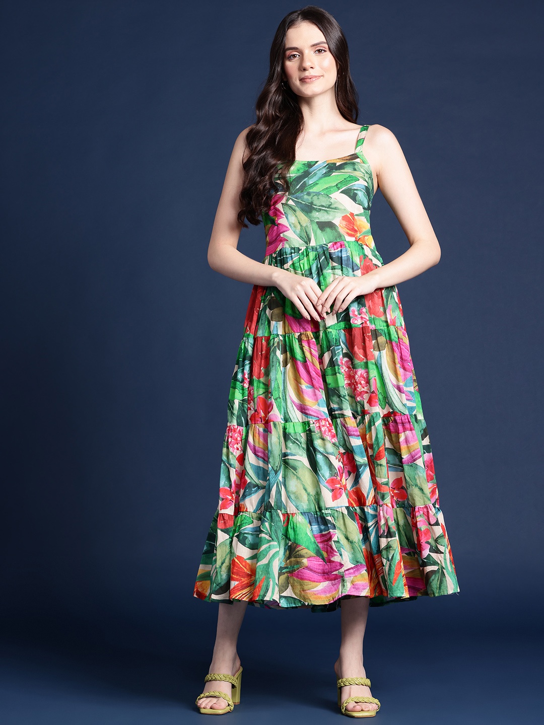 

Alsace Lorraine Paris Floral Printed Pure Cotton Fit & Flare Midi Dress, Green