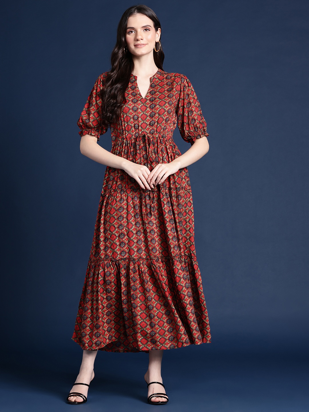 Alsace Lorraine Paris Floral Print Puff Sleeve Fit & Flare Midi Dress, Red