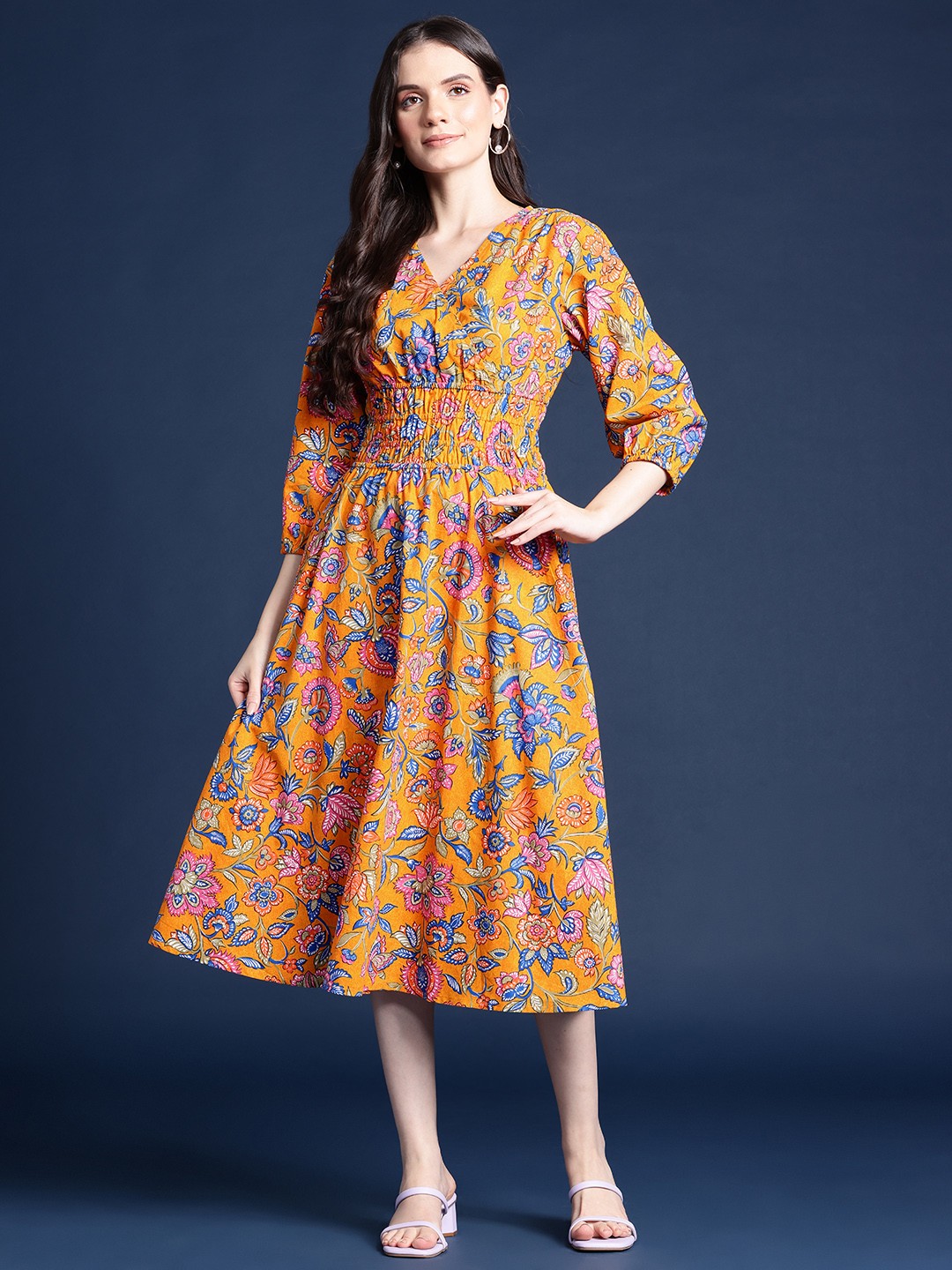 

Alsace Lorraine Paris Floral Printed Fit & Flare Midi Dress, Yellow