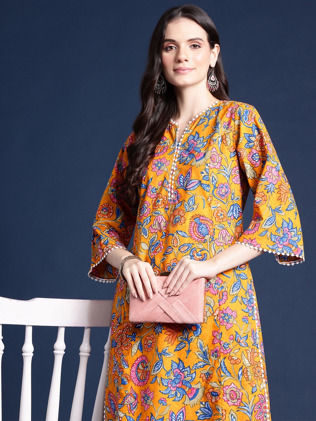 Alsace Lorraine Paris Floral Printed Flared Sleeves Pure Cotton Kurta, Yellow
