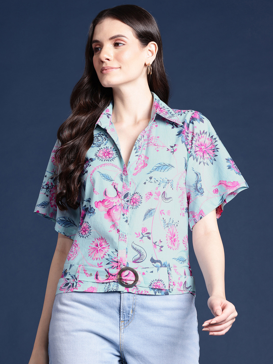 

Alsace Lorraine Paris Floral Print Flared Sleeves Shirt Style Top With Belt, Blue