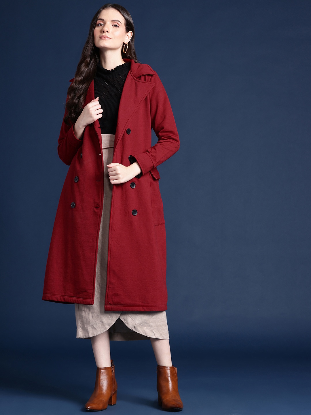 

Alsace Lorraine Paris Women Double Breasted Longline Trench Coat, Maroon
