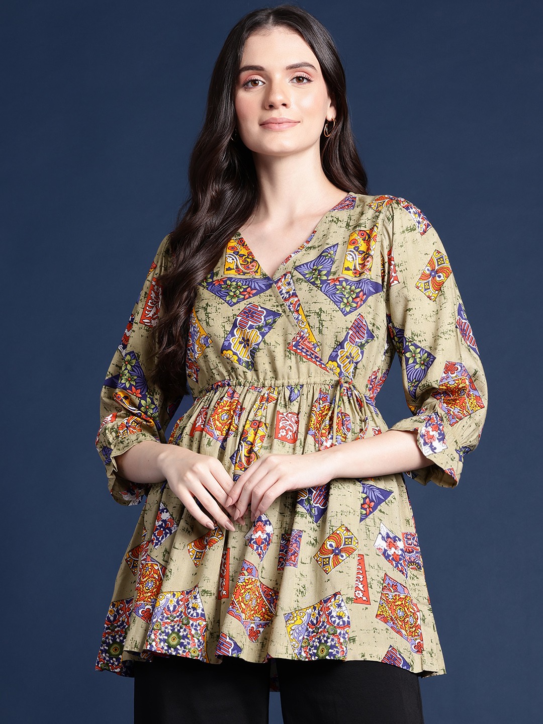 

Alsace Lorraine Paris Floral Print Puff Sleeves Peplum Longline Top, Olive