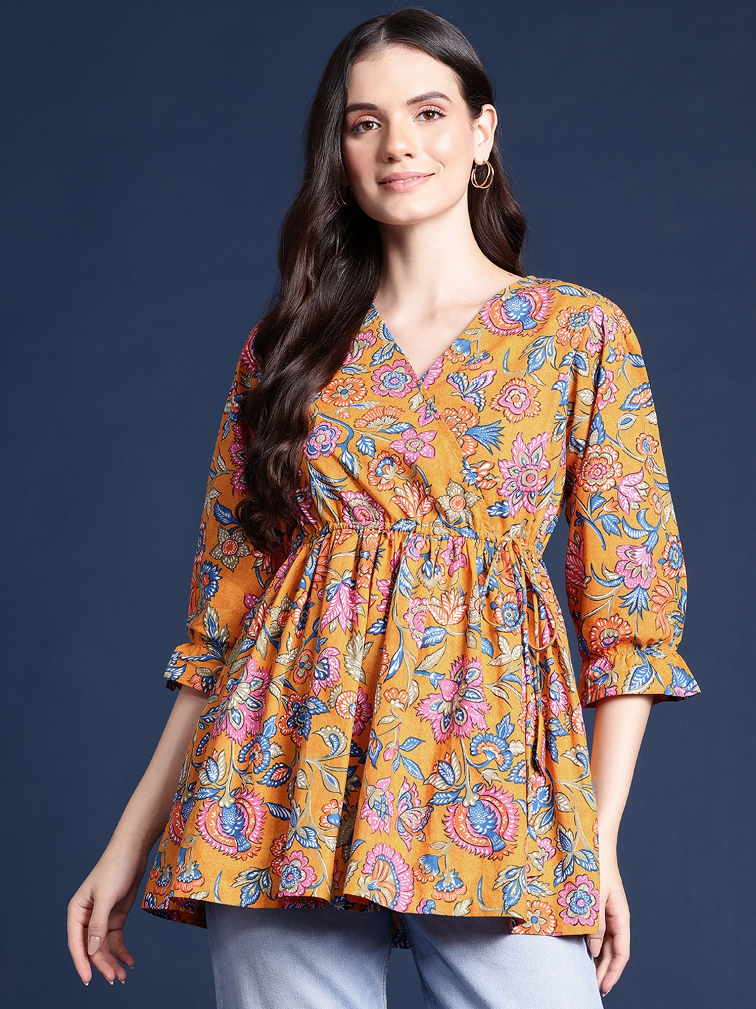 Alsace Lorraine Paris Floral Print Mandarin Collar Roll-Up Sleeves Pure Cotton Top, Yellow