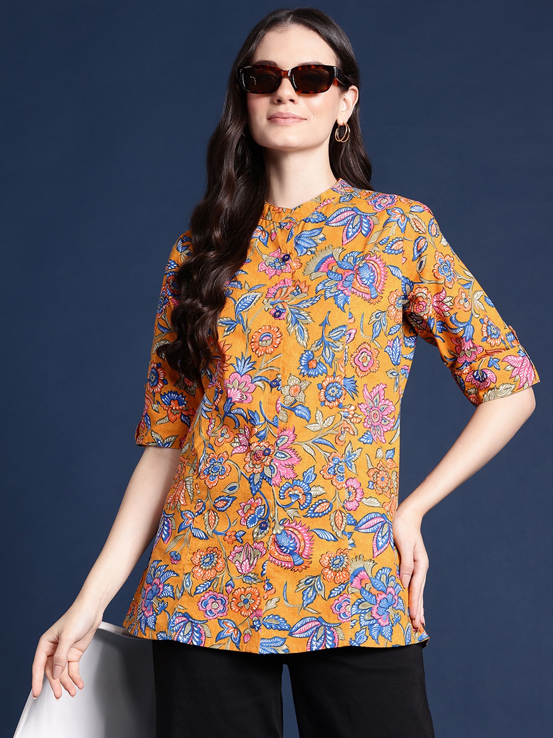 

Alsace Lorraine Paris Floral Print Puff Sleeves Pure Cotton Peplum Longline Top, Yellow