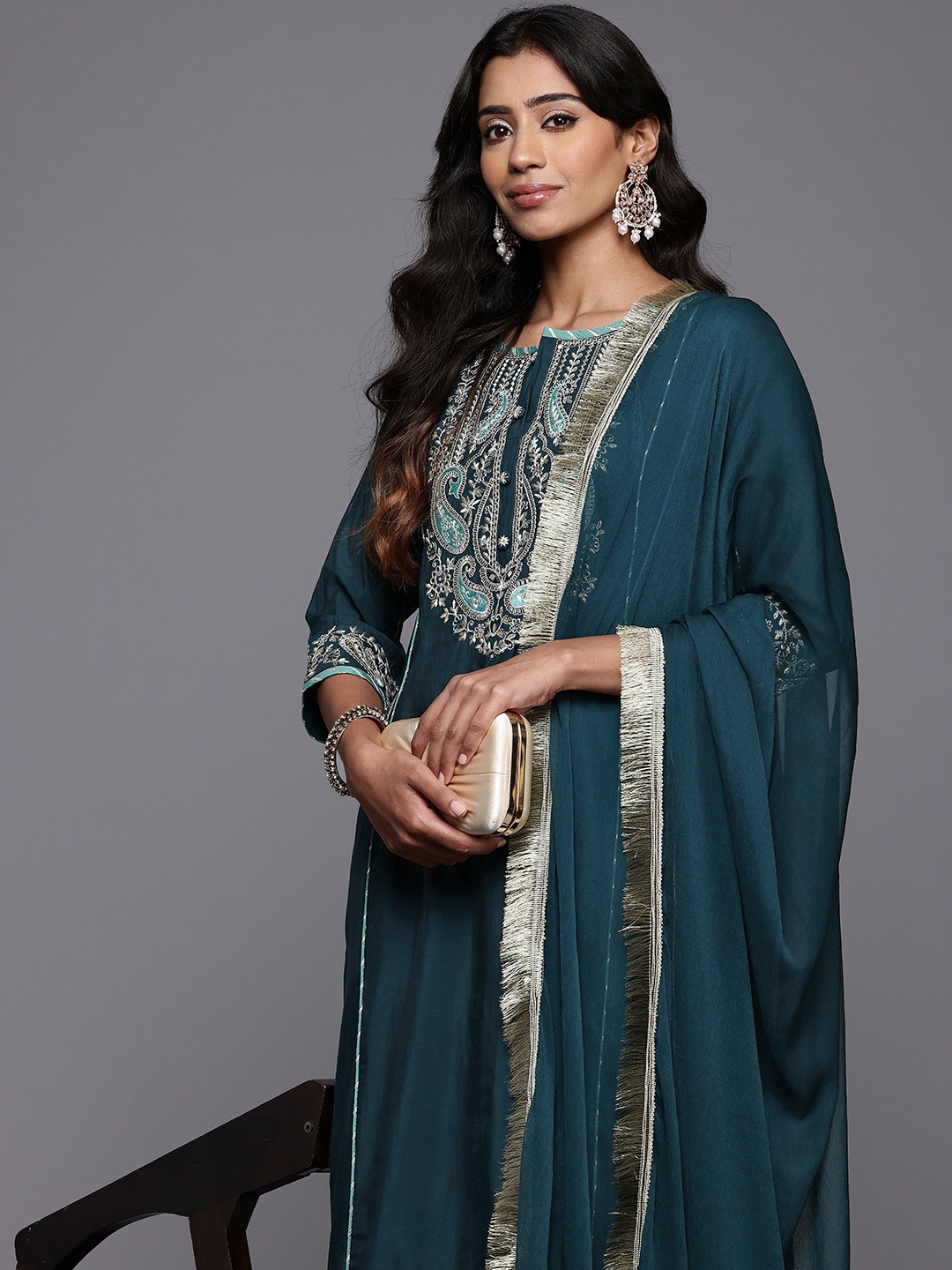 

Varanga Paisley Embroidered Zari Panelled Kurta With Trousers & Dupatta, Teal