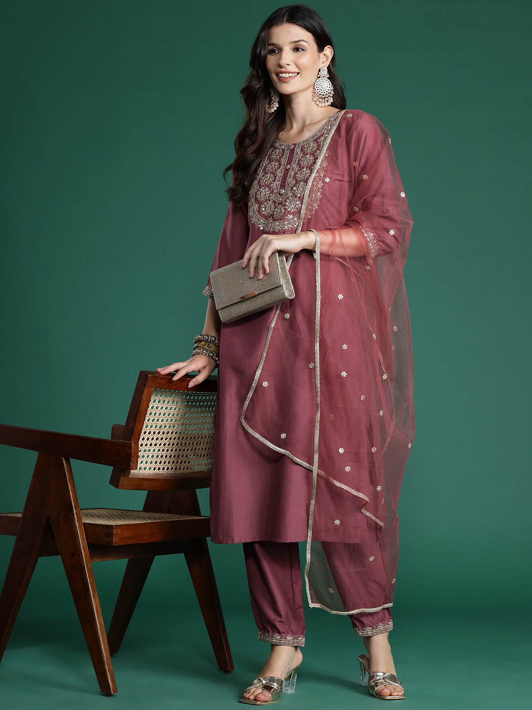 

Indo Era Floral Yoke Design Sequinned Kurta With Trousers & Dupatta, Mauve