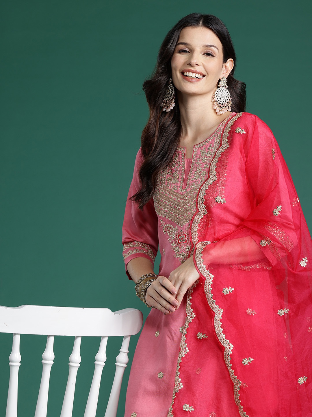 

Indo Era Ethnic Motifs Embroidered Sequinned Kurta With Trousers & Dupatta, Pink