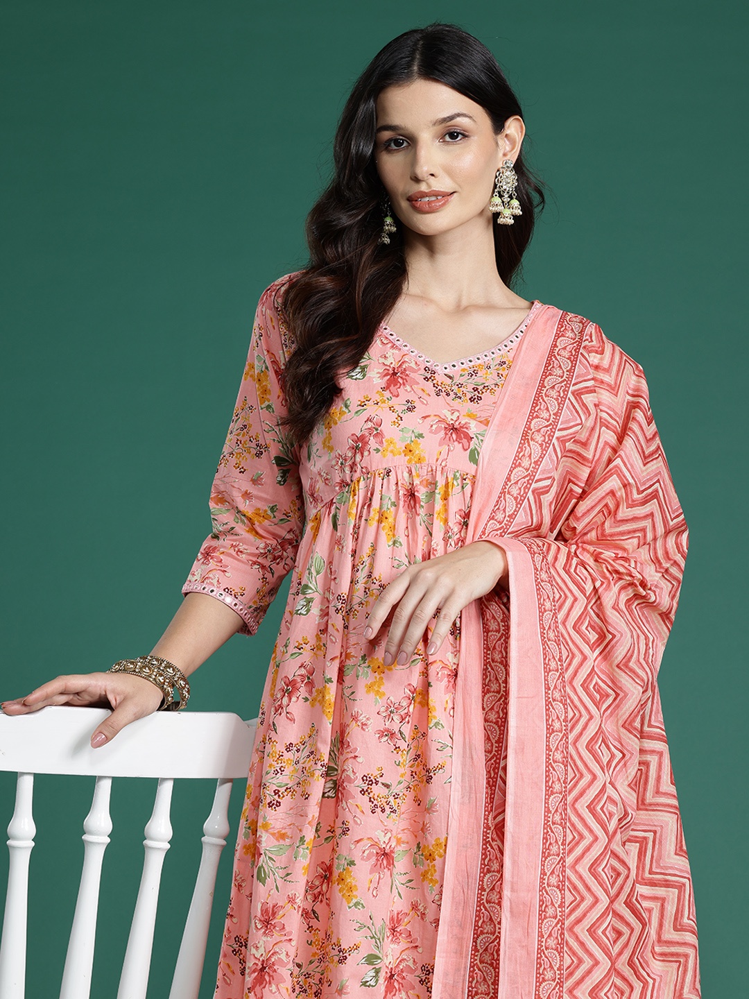 

Indo Era Floral Printed Empire Mirror Work Pure Cotton Kurta With Trousers & Dupatta, Pink