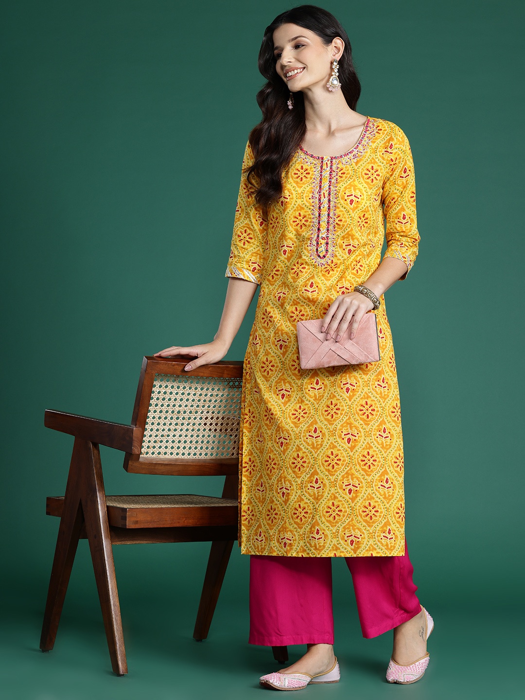 

Indo Era Bandhani Printed Mirror Work Pure Cotton Kurta, Yellow