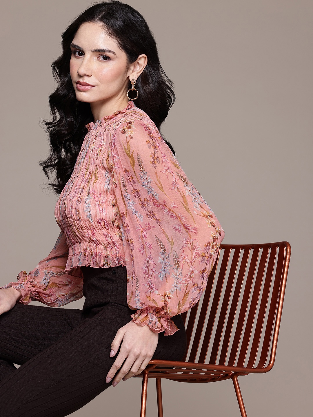

Label Ritu Kumar Floral Printed Puff Sleeve Smocked Chiffon Crop Top, Pink
