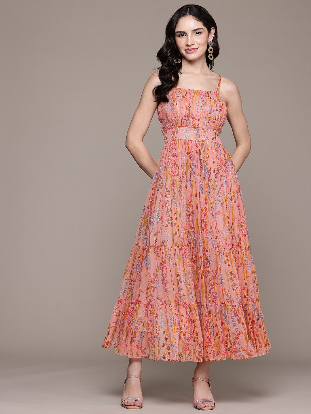 

Label Ritu Kumar Floral Print Chiffon Fit & Flare Maxi Dress, Peach