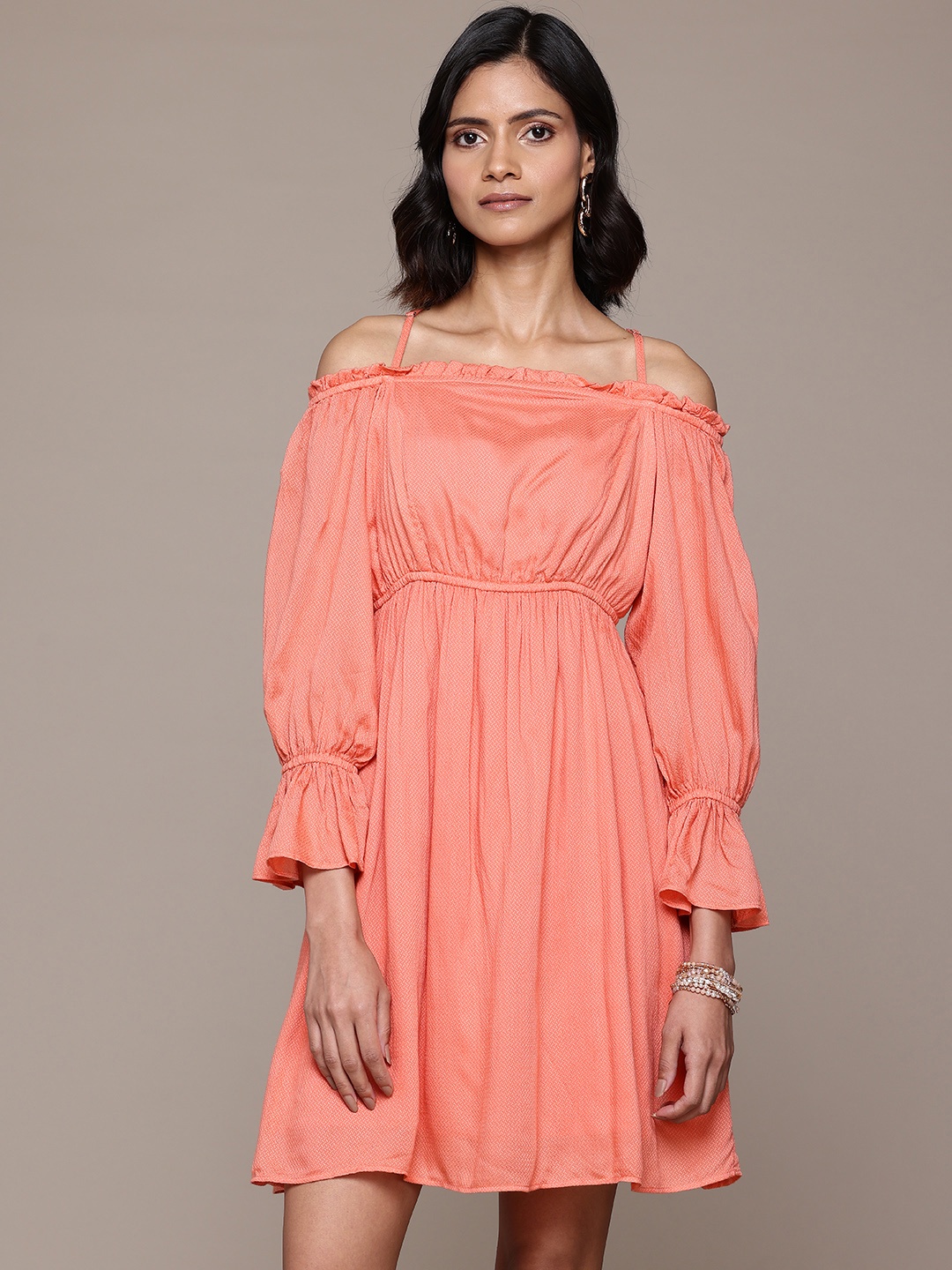 

Label Ritu Kumar Off-Shoulder Bell Sleeves A-Line Dress, Orange