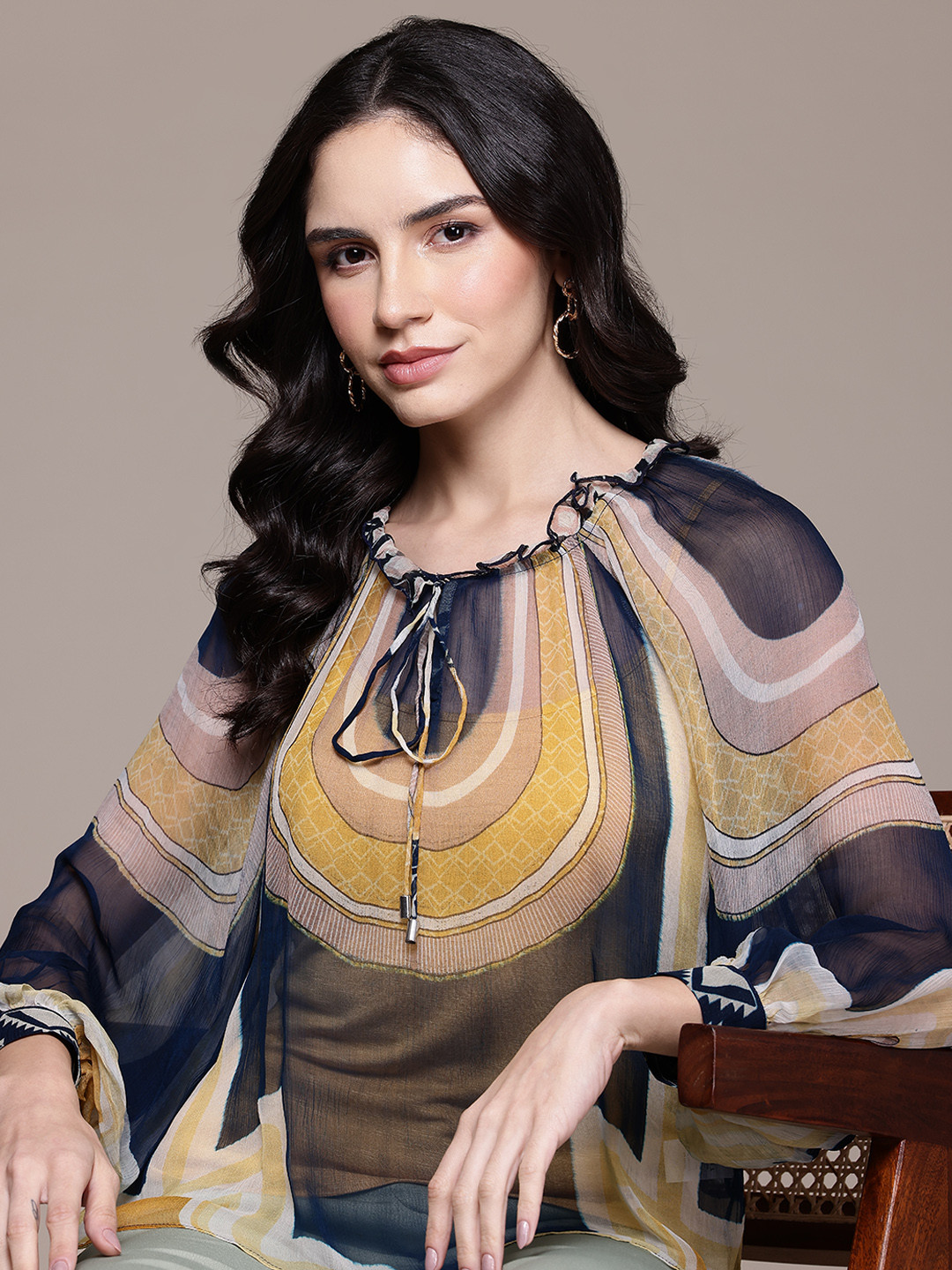 

Label Ritu Kumar Printed Tie-Up Neck Chiffon Top, Yellow