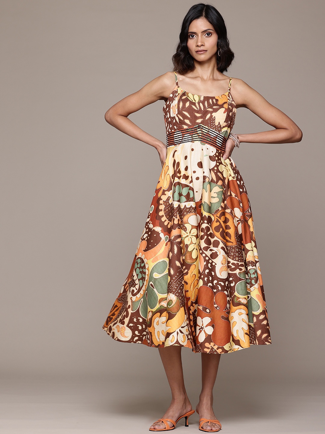 

Label Ritu Kumar Floral Print Fit & Flare Midi Dress, Brown