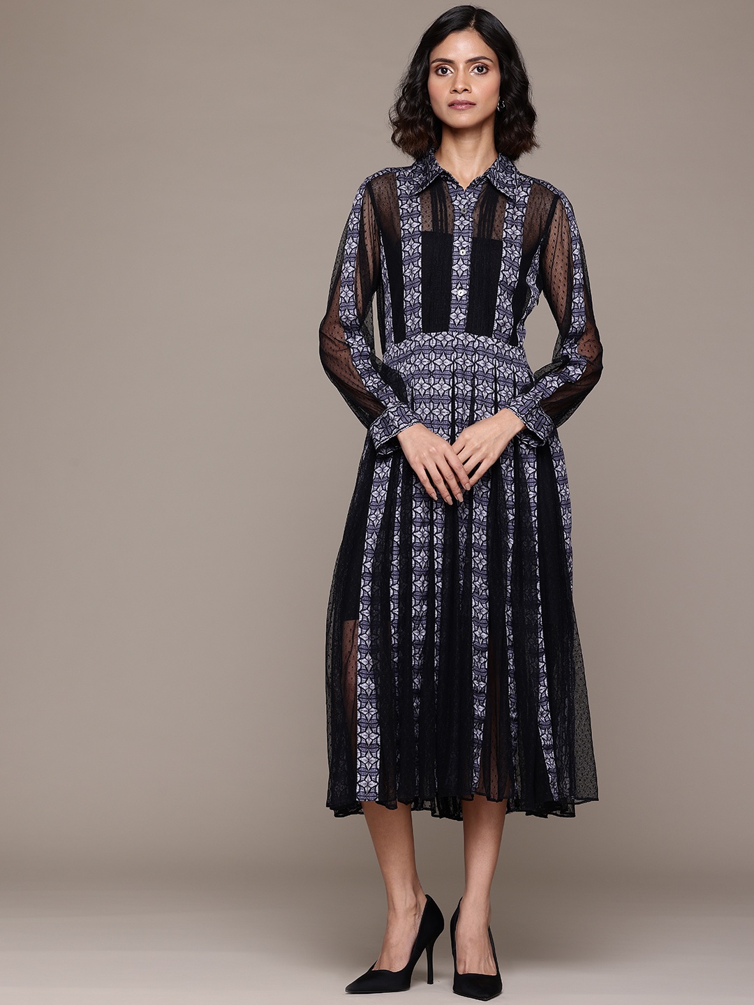 

Label Ritu Kumar Print Shirt Midi Dress, Black