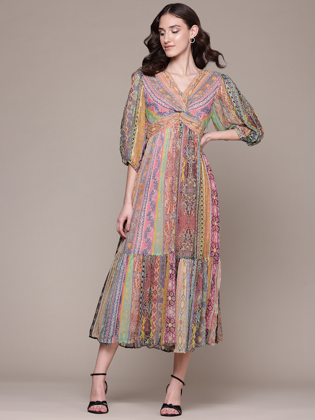 

Label Ritu Kumar Printed Twisted Neck Detail Chiffon Empire Midi Dress, Multi