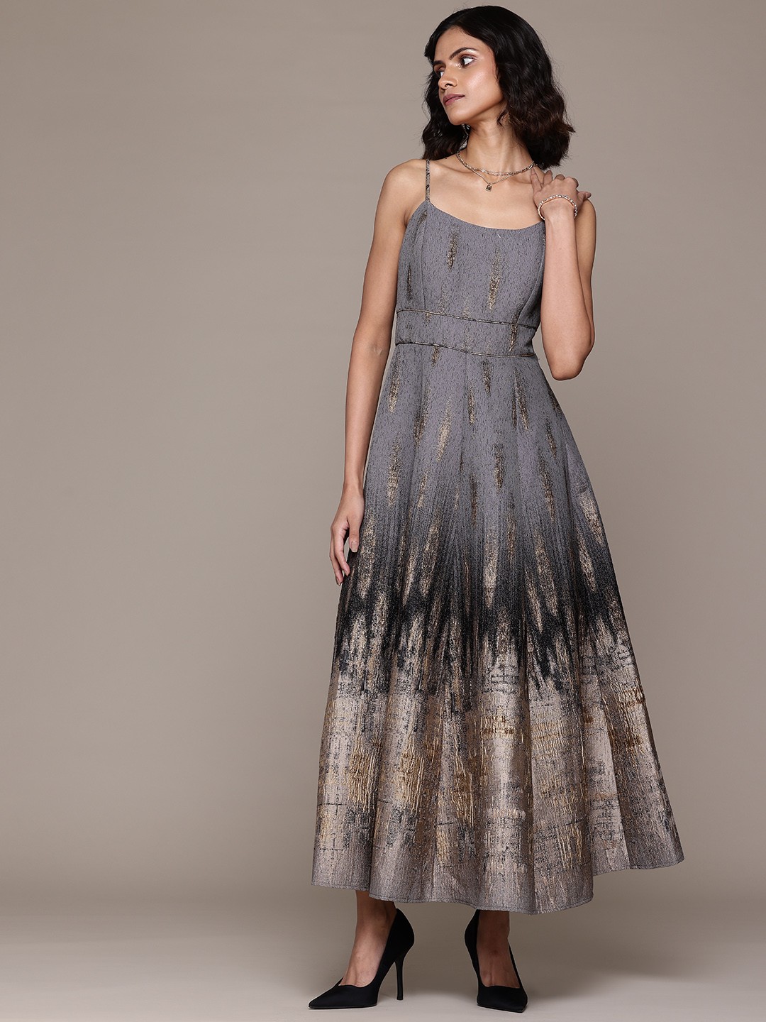 

Label Ritu Kumar Printed Jacquard Fit & Flare Maxi Dress, Grey