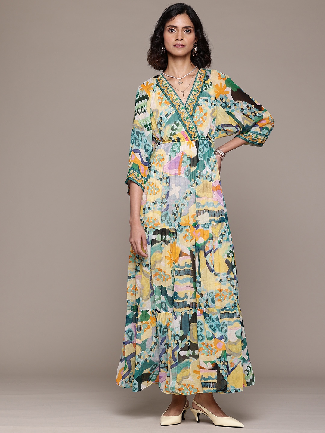 

Label Ritu Kumar Print Batwing Sleeves Wrap Georgette Maxi Dress, Green