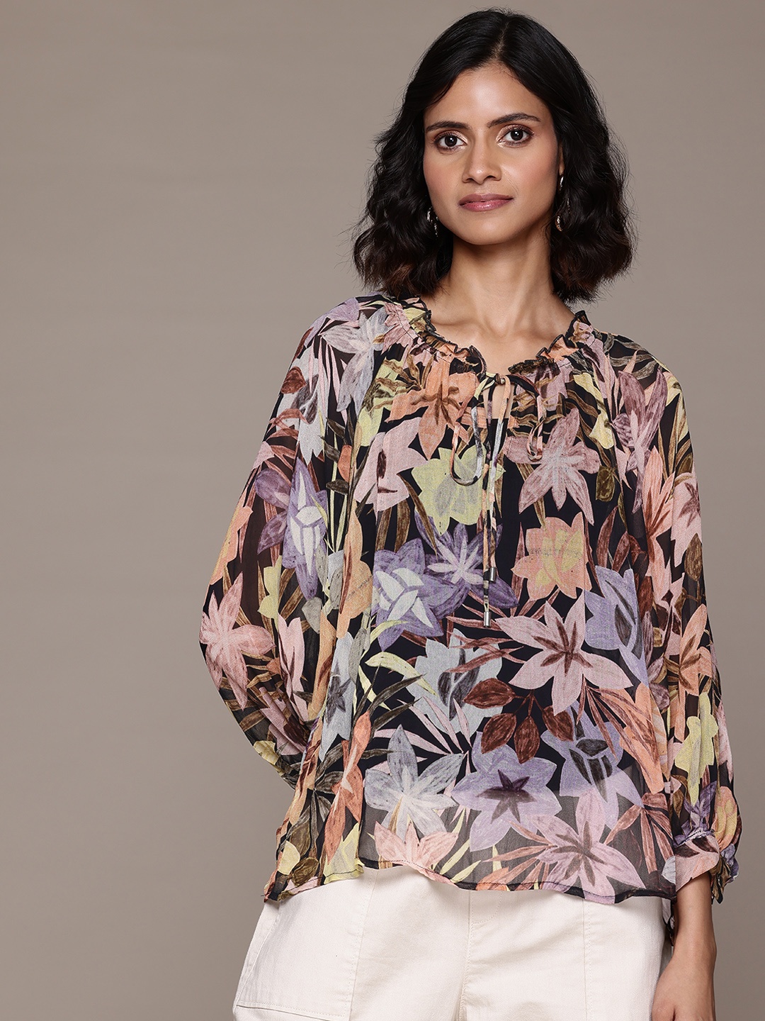 

Label Ritu Kumar Floral Print Puff Sleeve Georgette Top, Multi