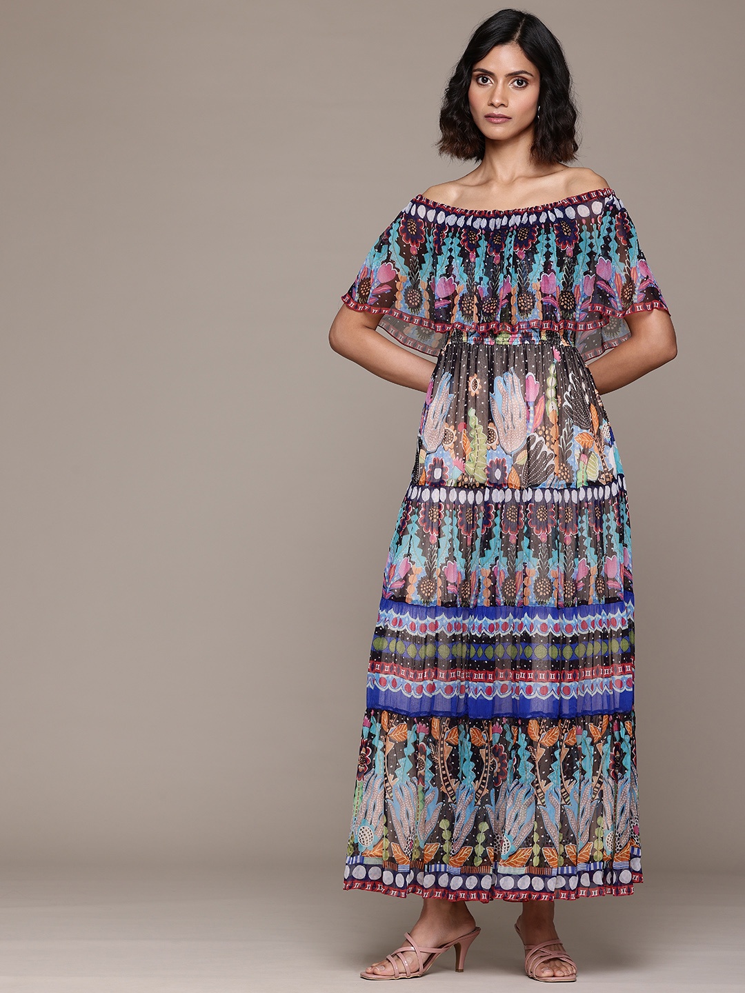 

Label Ritu Kumar Floral Print Off-Shoulder Flared Sleeves Layered Chiffon Maxi Dress, Blue