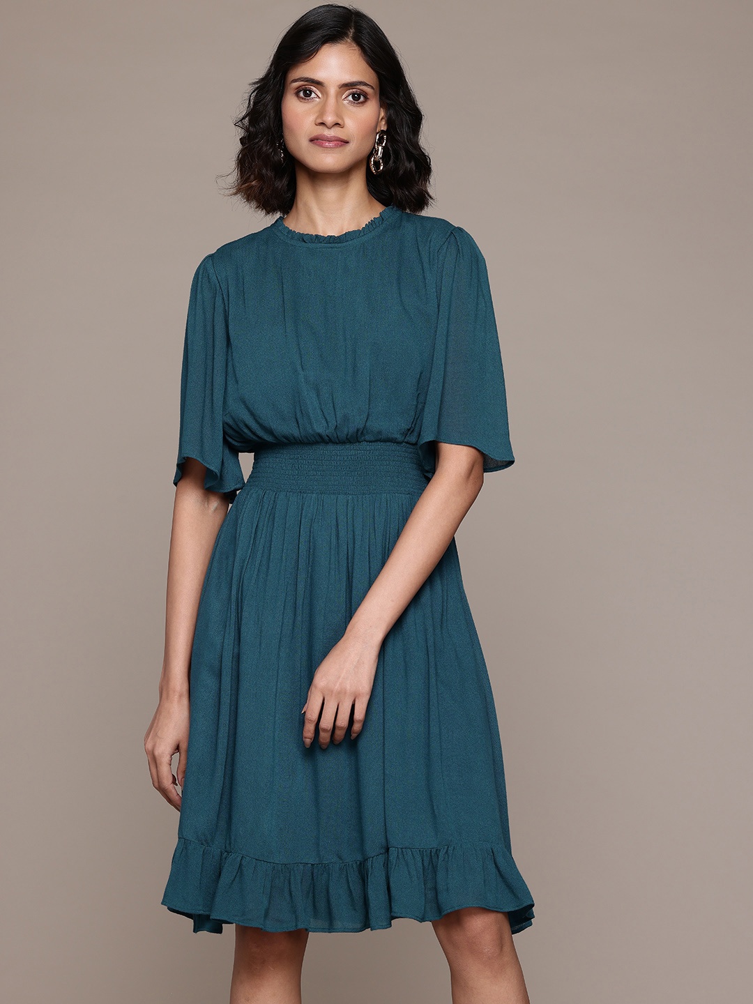 

Label Ritu Kumar Flared Sleeves Crepe A-Line Dress, Teal