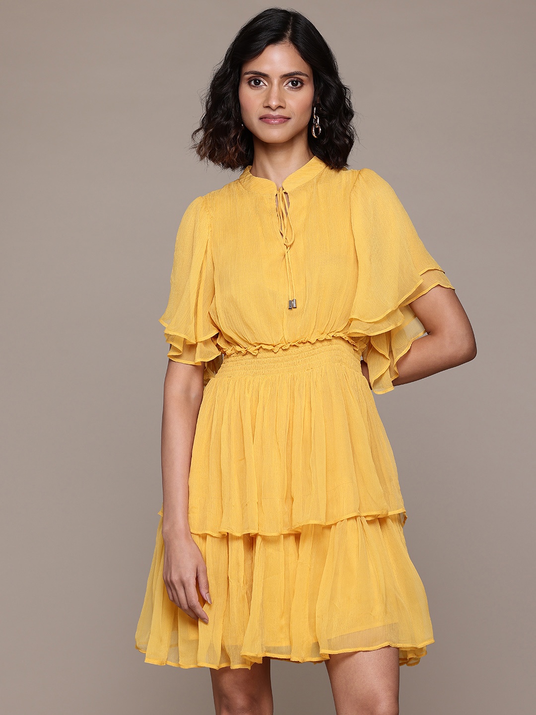 

Label Ritu Kumar Tie-Up Neck Flared Sleeves Layered A-Line Dress, Yellow