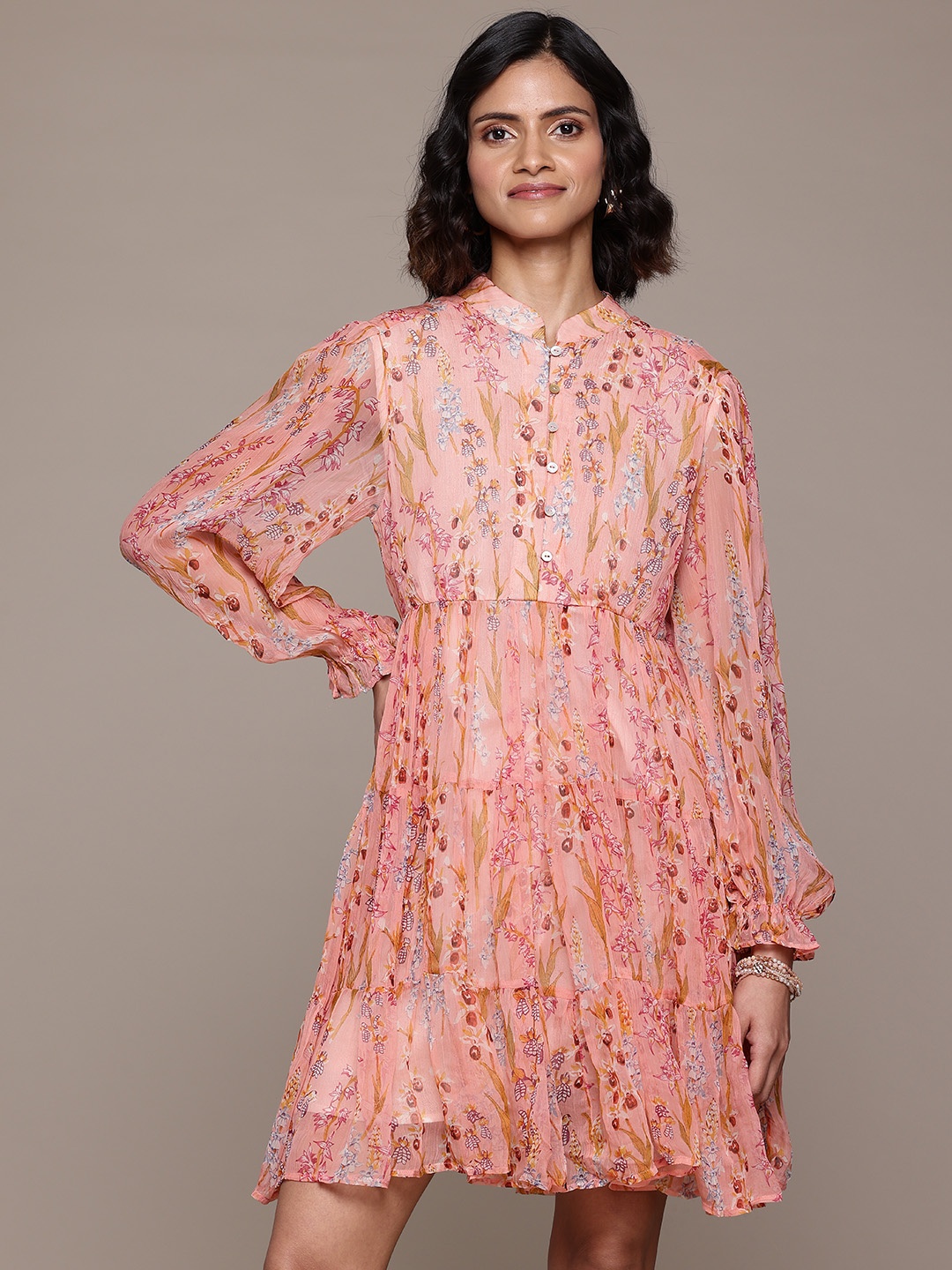 

Label Ritu Kumar Floral Print Puff Sleeves Chiffon A-Line Dress, Pink